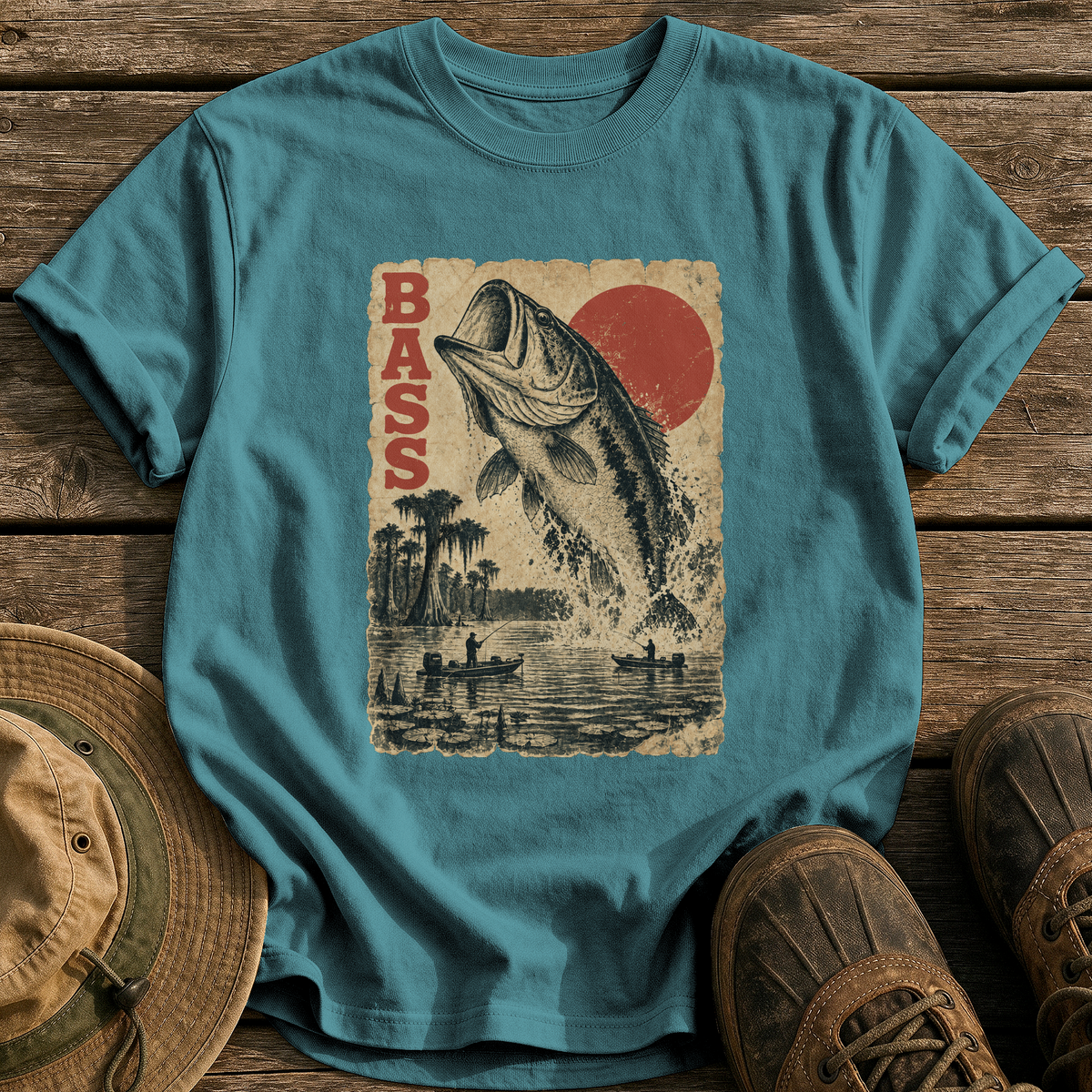 Bass Monster Poster tee - Blue Spruce - front