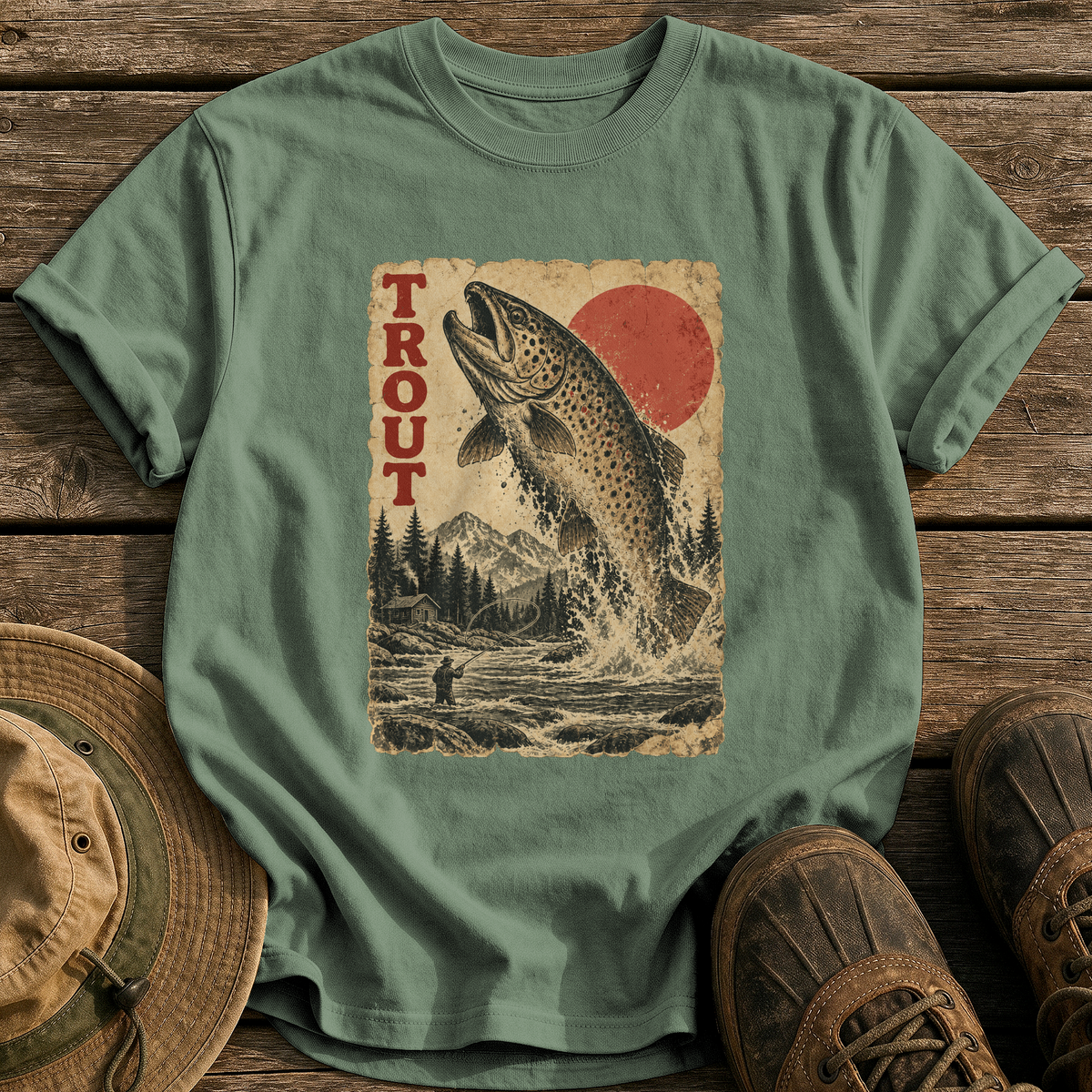 Trout Monster Poster tee - Moss - front