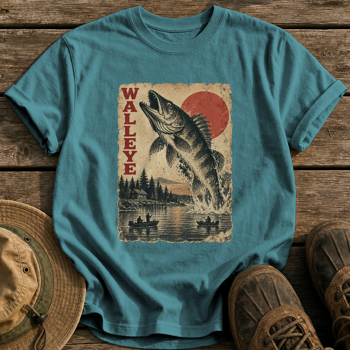 Walleye Monster Poster tee - Blue Spruce - front