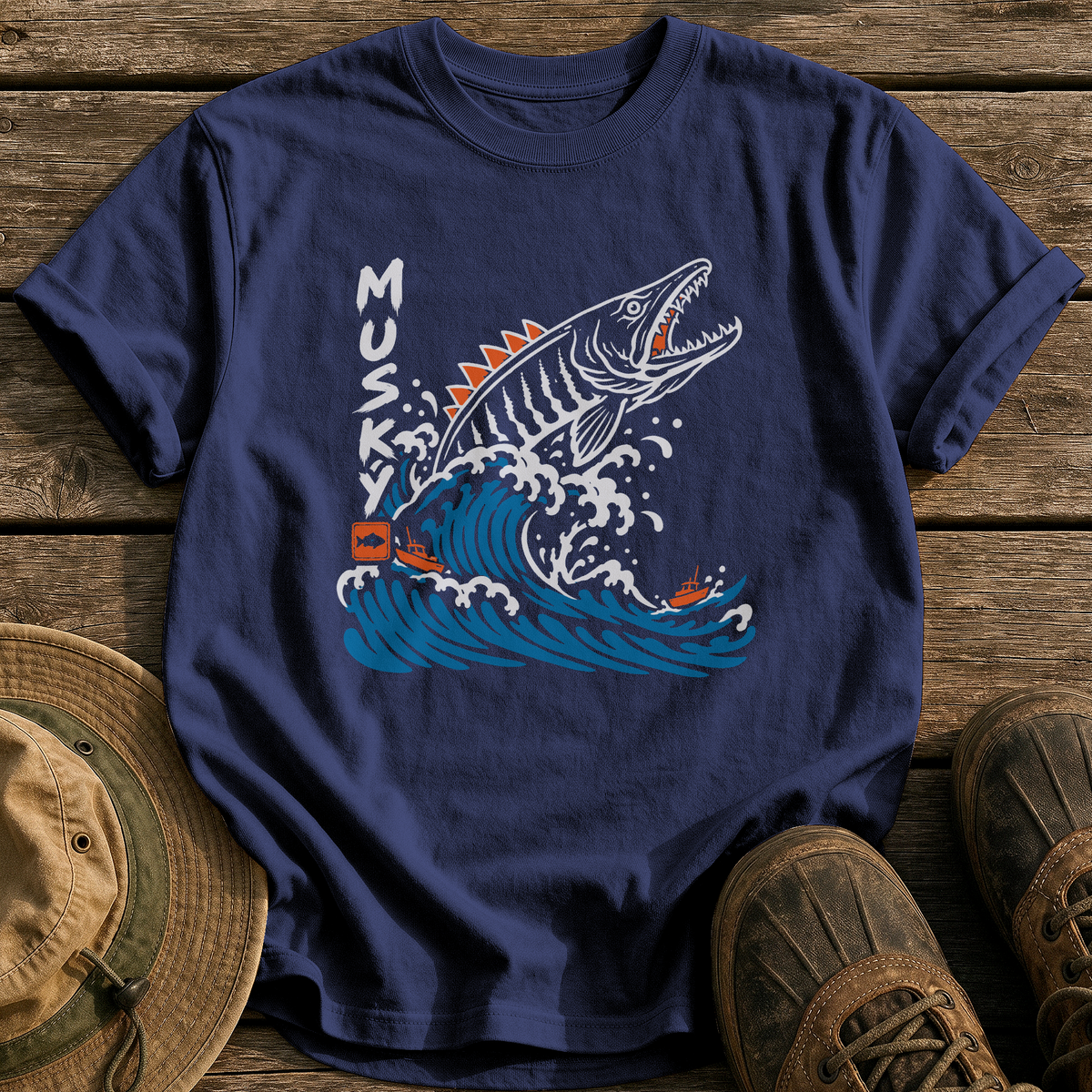 Musky Wave Monster tee - True Navy - front