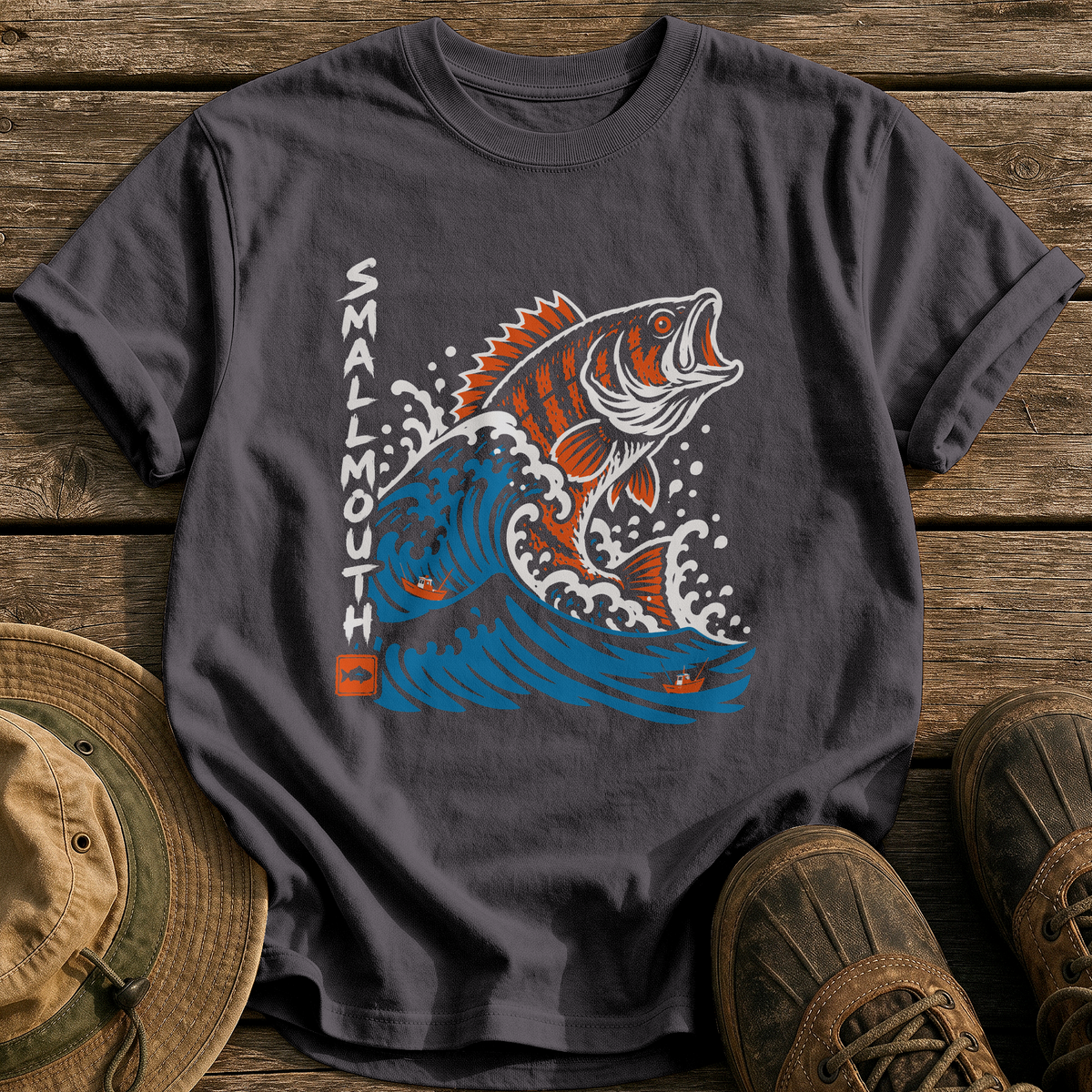 Smallmouth Wave Monster tee - Graphite - front