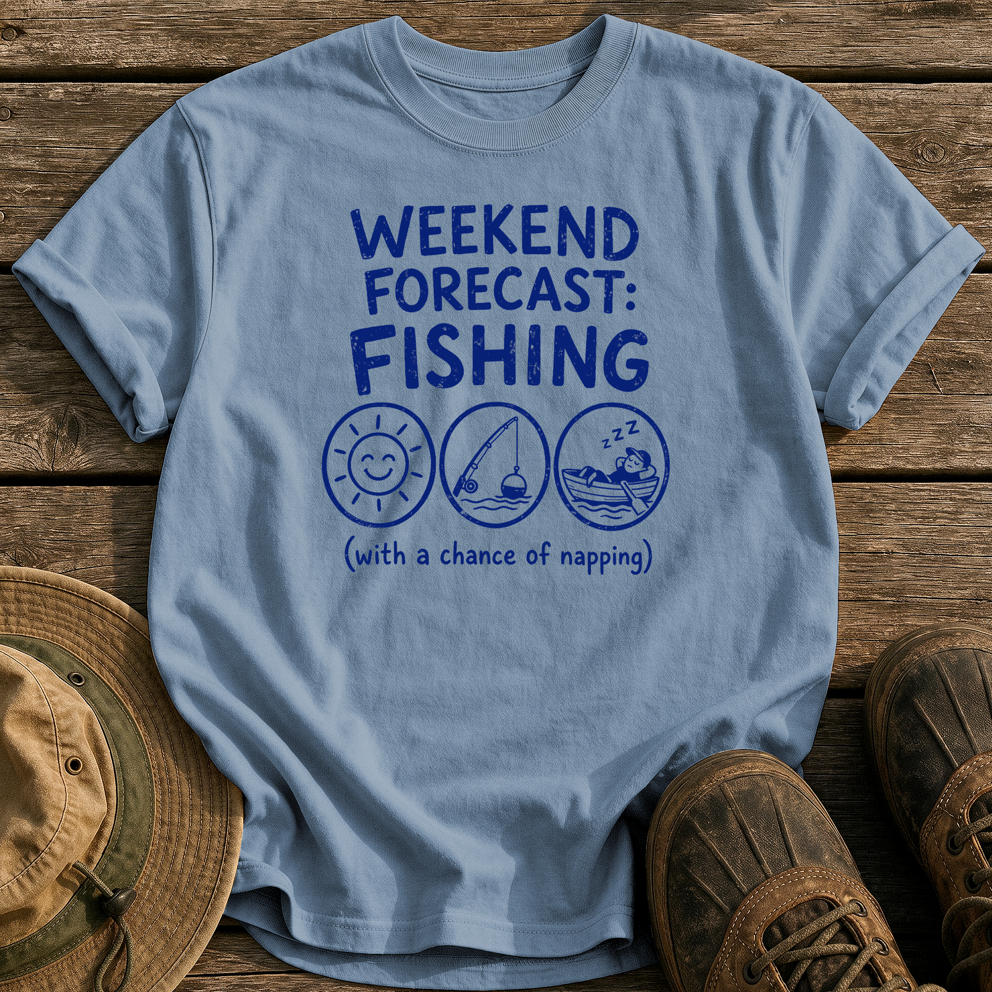 Weekend Forecast: Fishing & Napping tee - Blue Jean - front