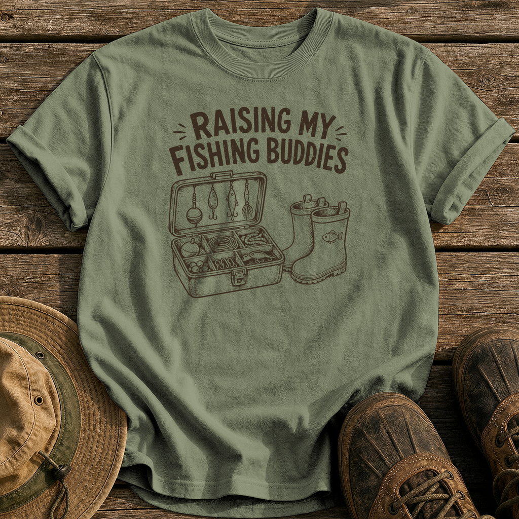Raising My Fishing Buddies tee - Sage - front