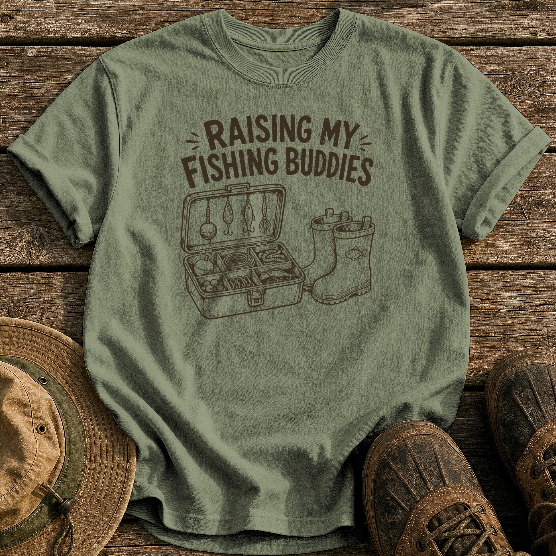 Raising My Fishing Buddies tee - Sage - front
