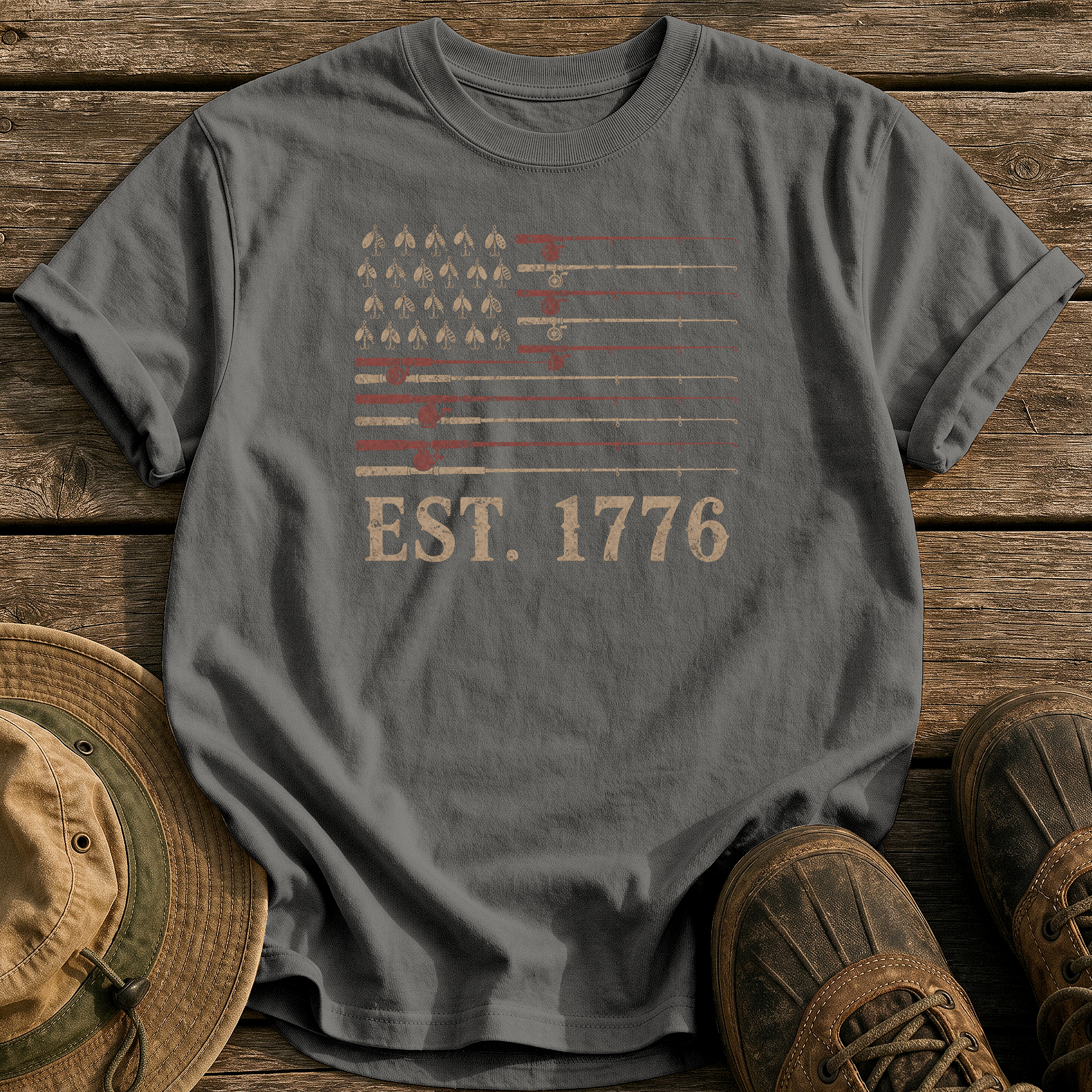 Fishing Flag Est. 1776 tee - Pepper - front