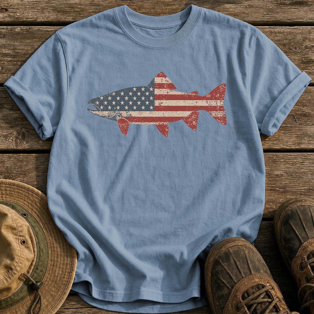 Stars & Stripes Trout tee - Blue Jean - front