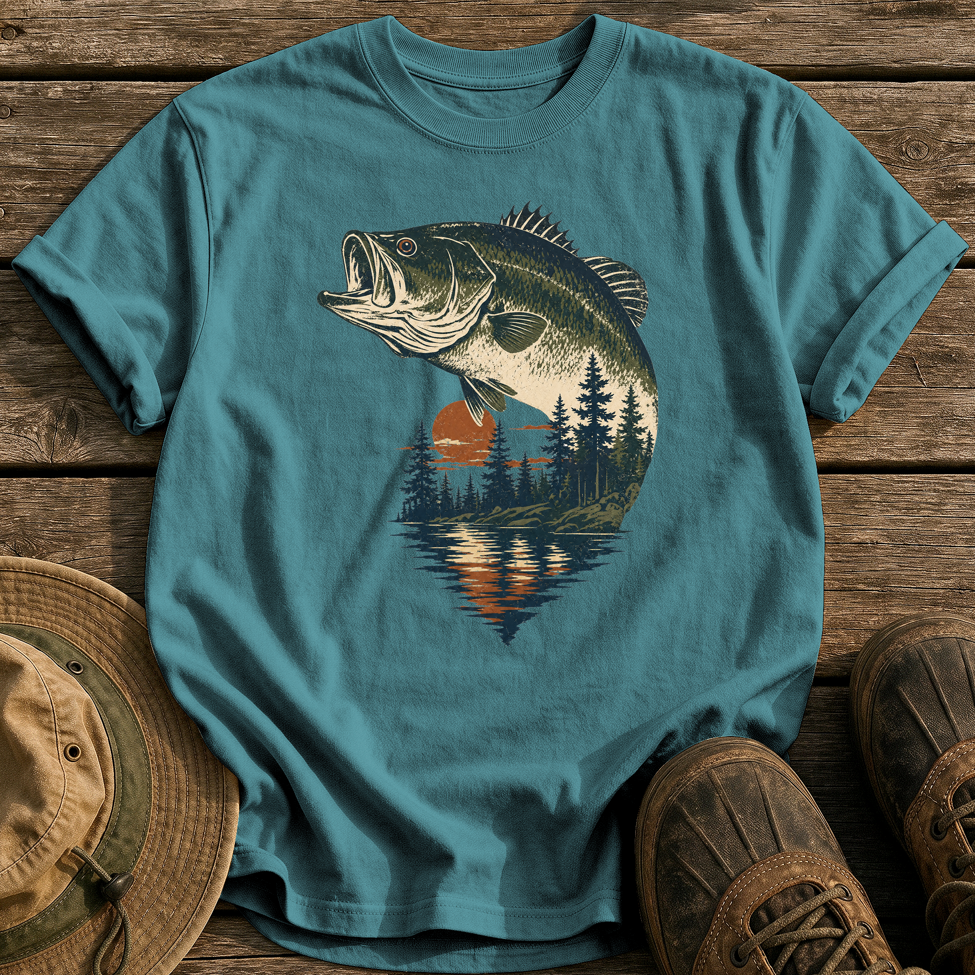 Bass & Pines At Dusk tee - Blue Spruce - front