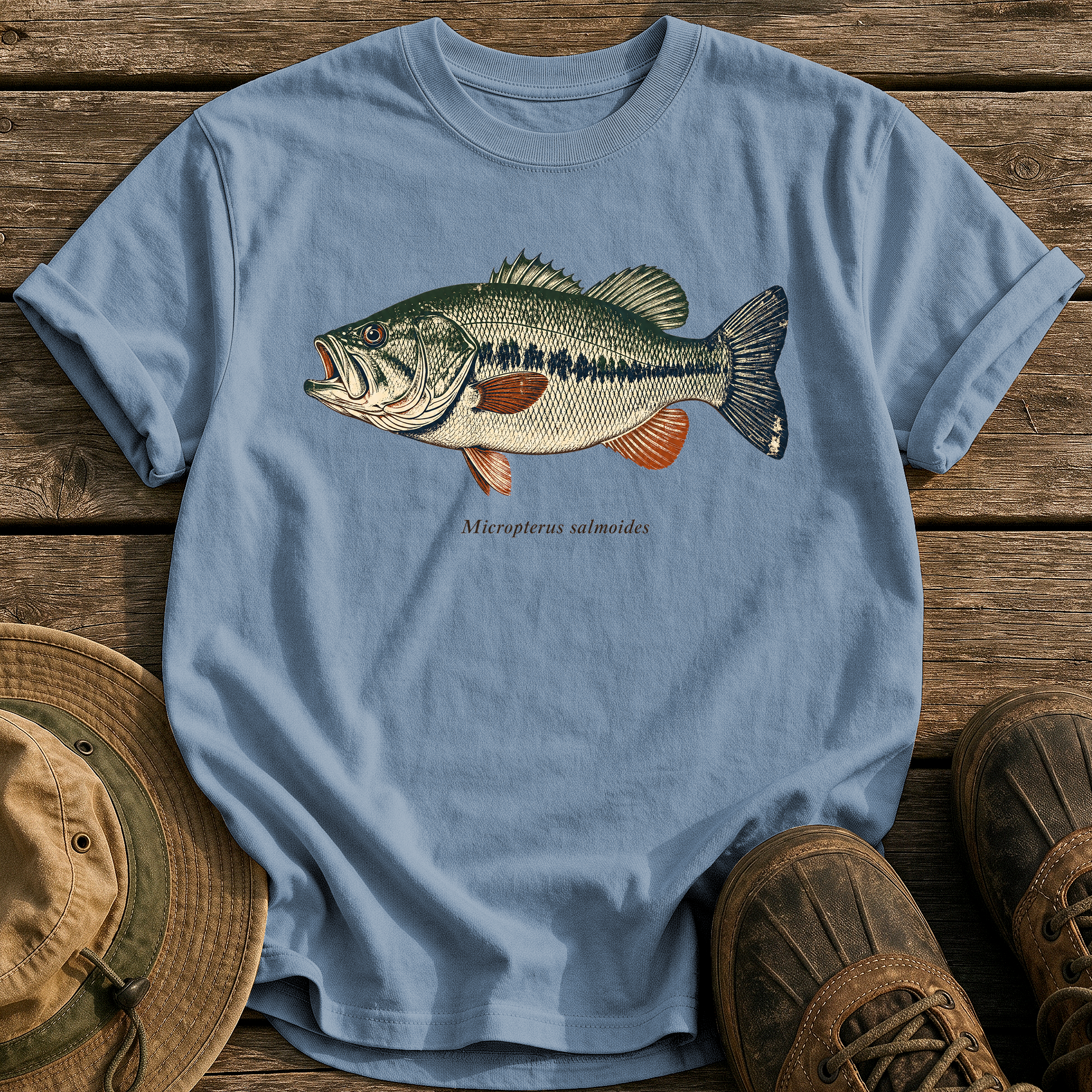 Micropterus Salmoides Largemouth tee - Blue Jean - front