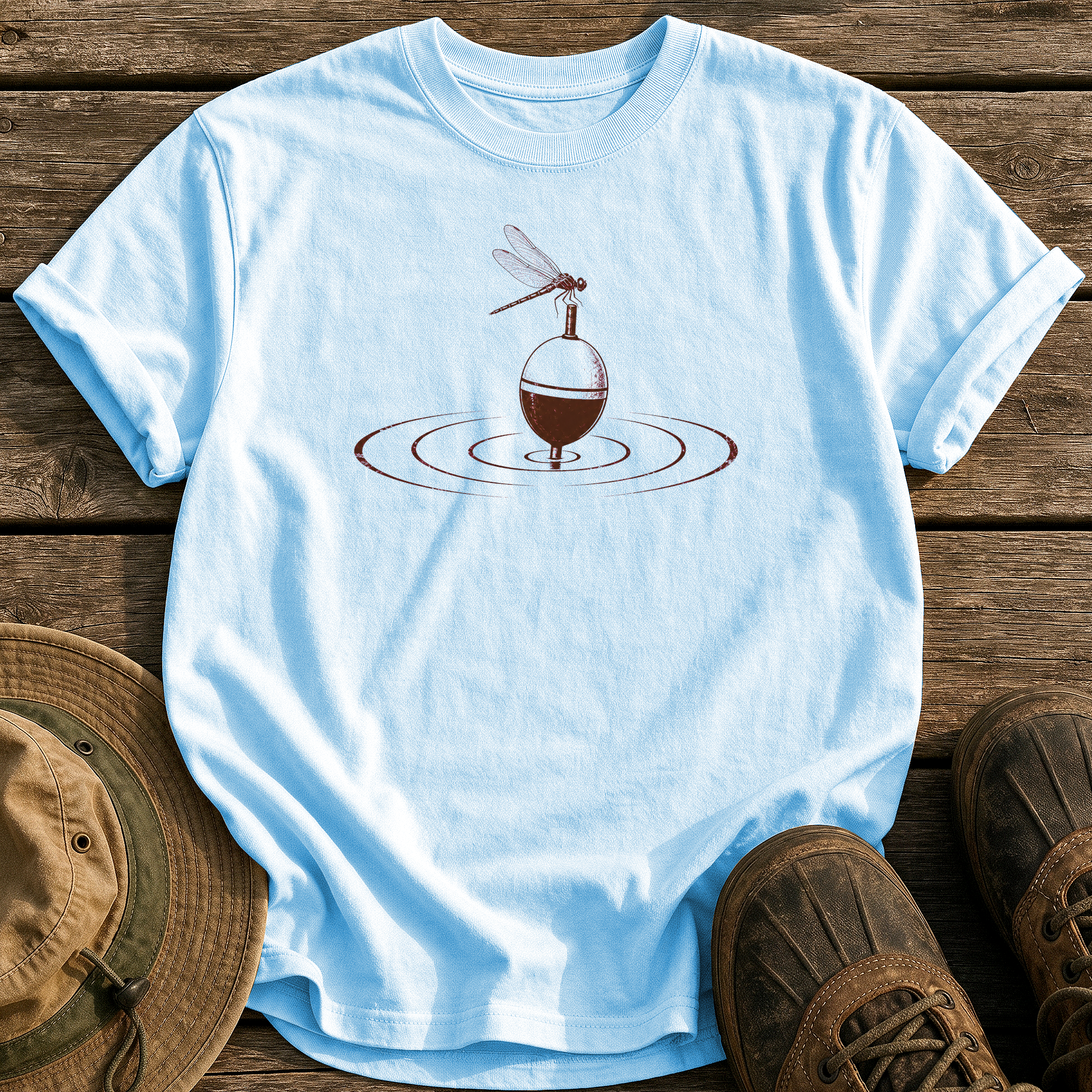 Dragonfly on the Bobber tee - Chambray - front