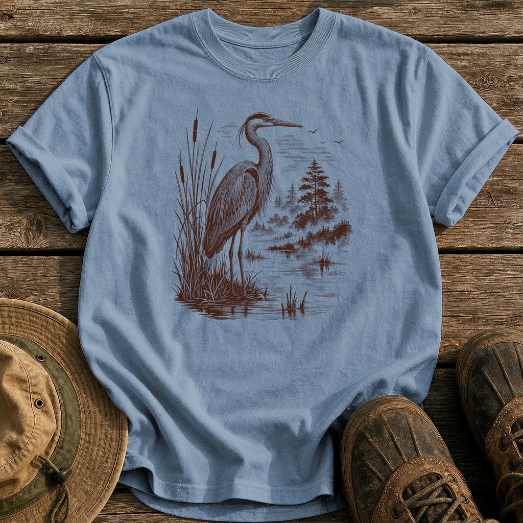 Heron at Dawn tee - Blue Jean - front