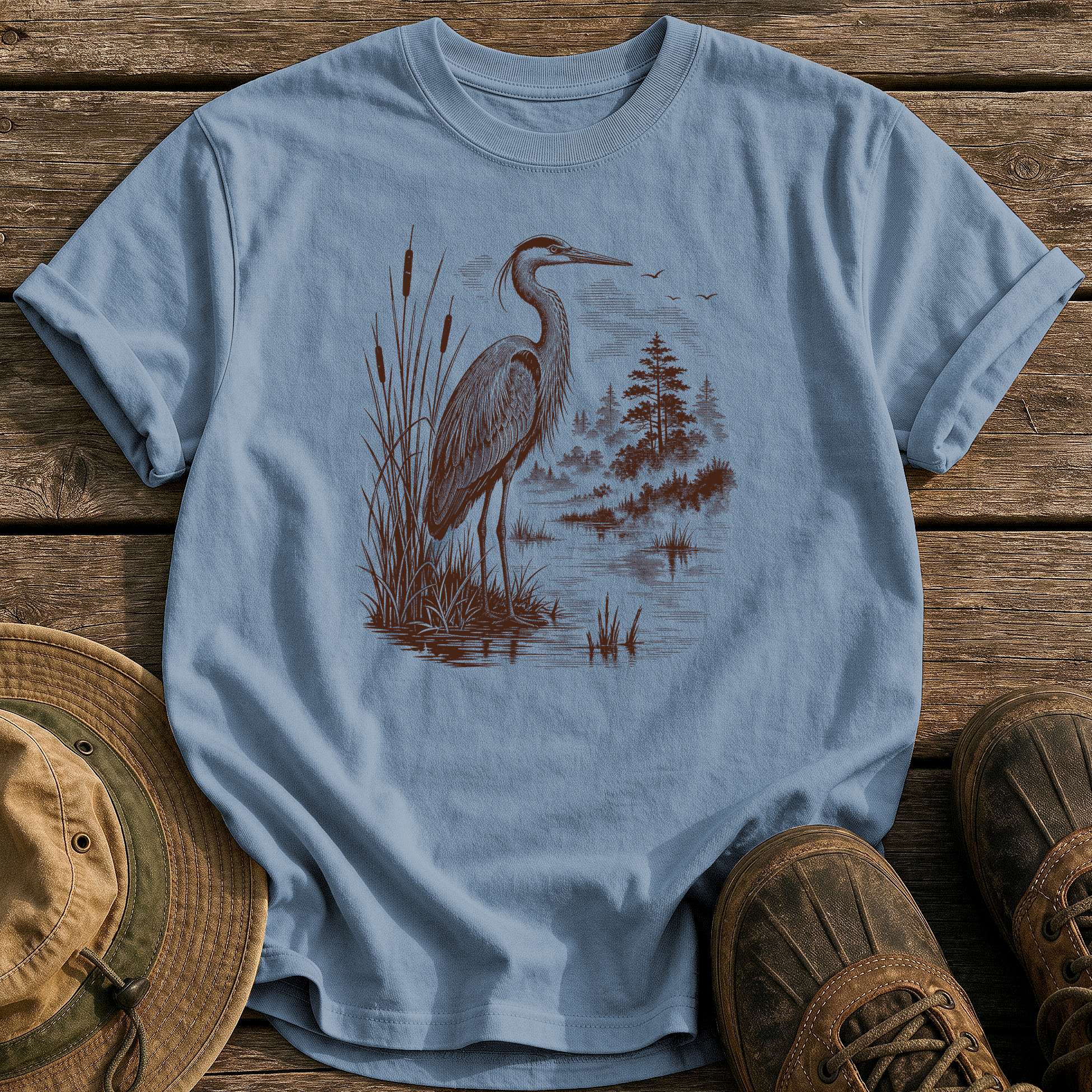 Heron at Dawn tee - Blue Jean - front