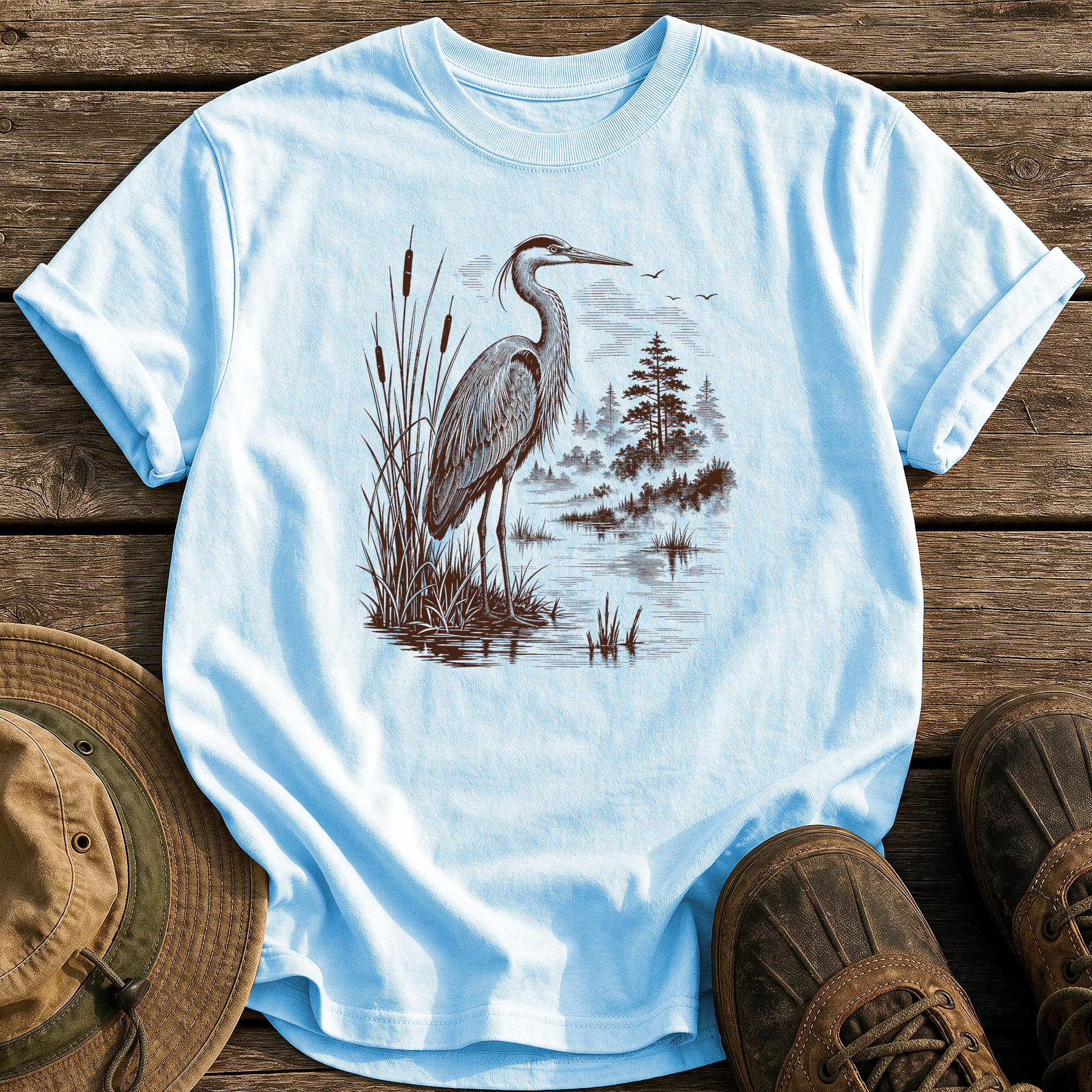 Heron at Dawn tee - Chambray - front