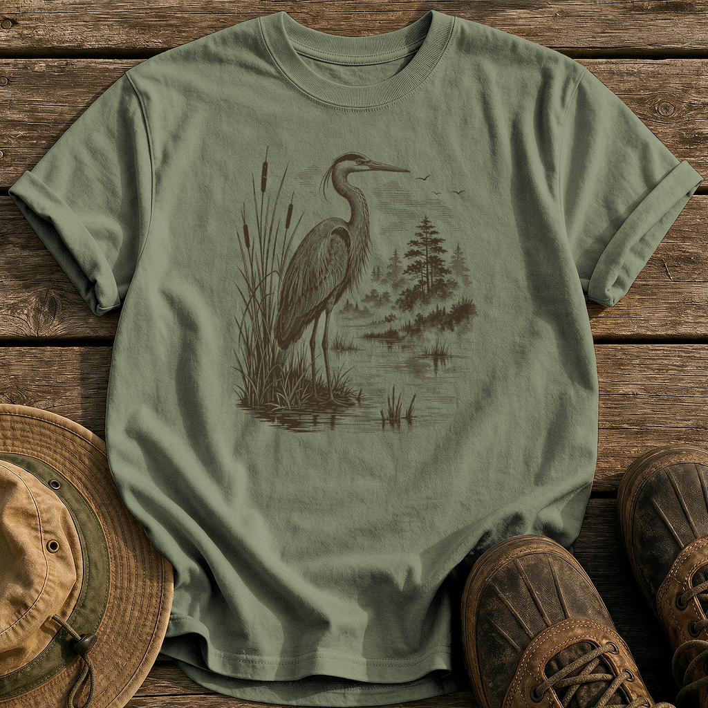 Heron at Dawn tee - Sage - front