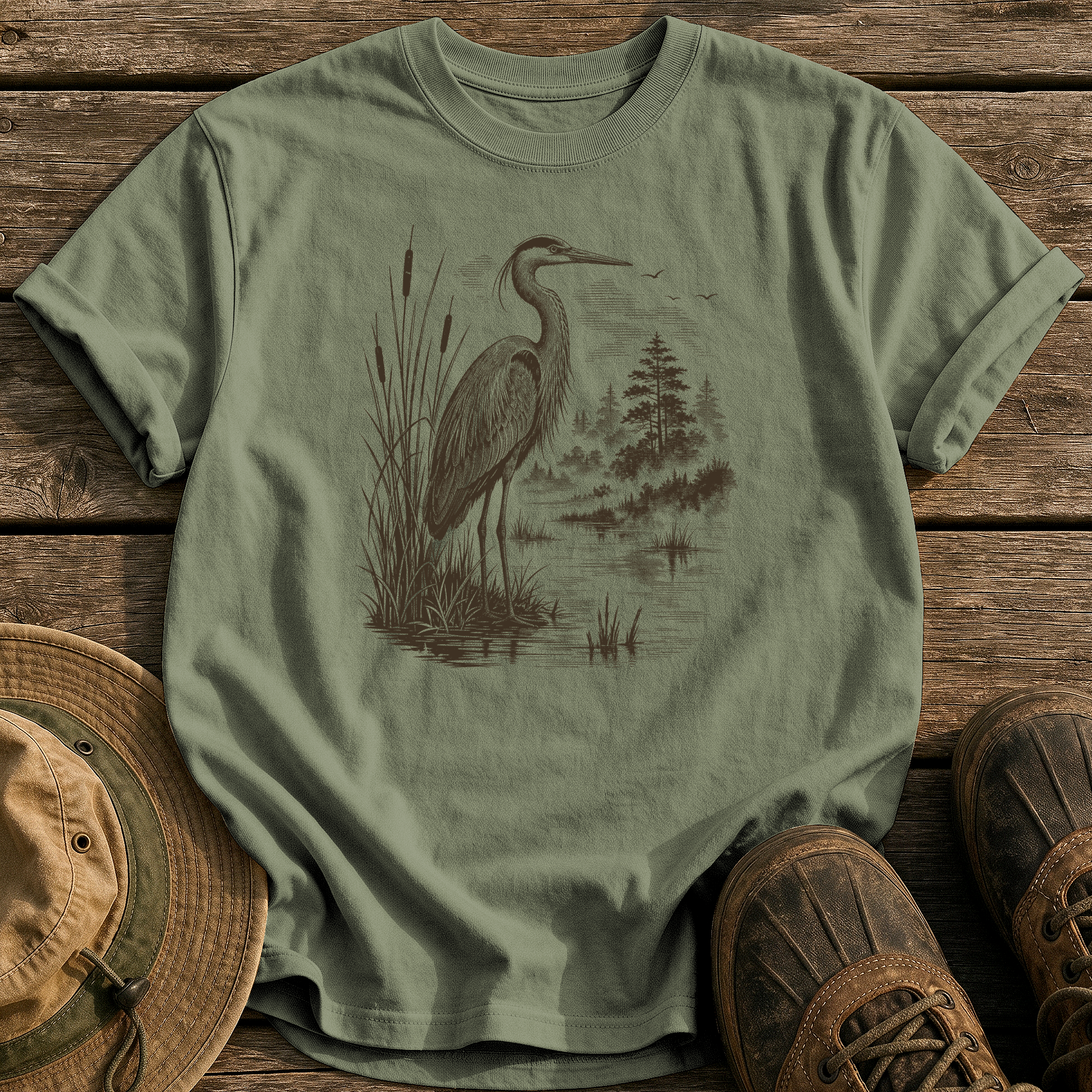 Heron at Dawn tee - Sage - front