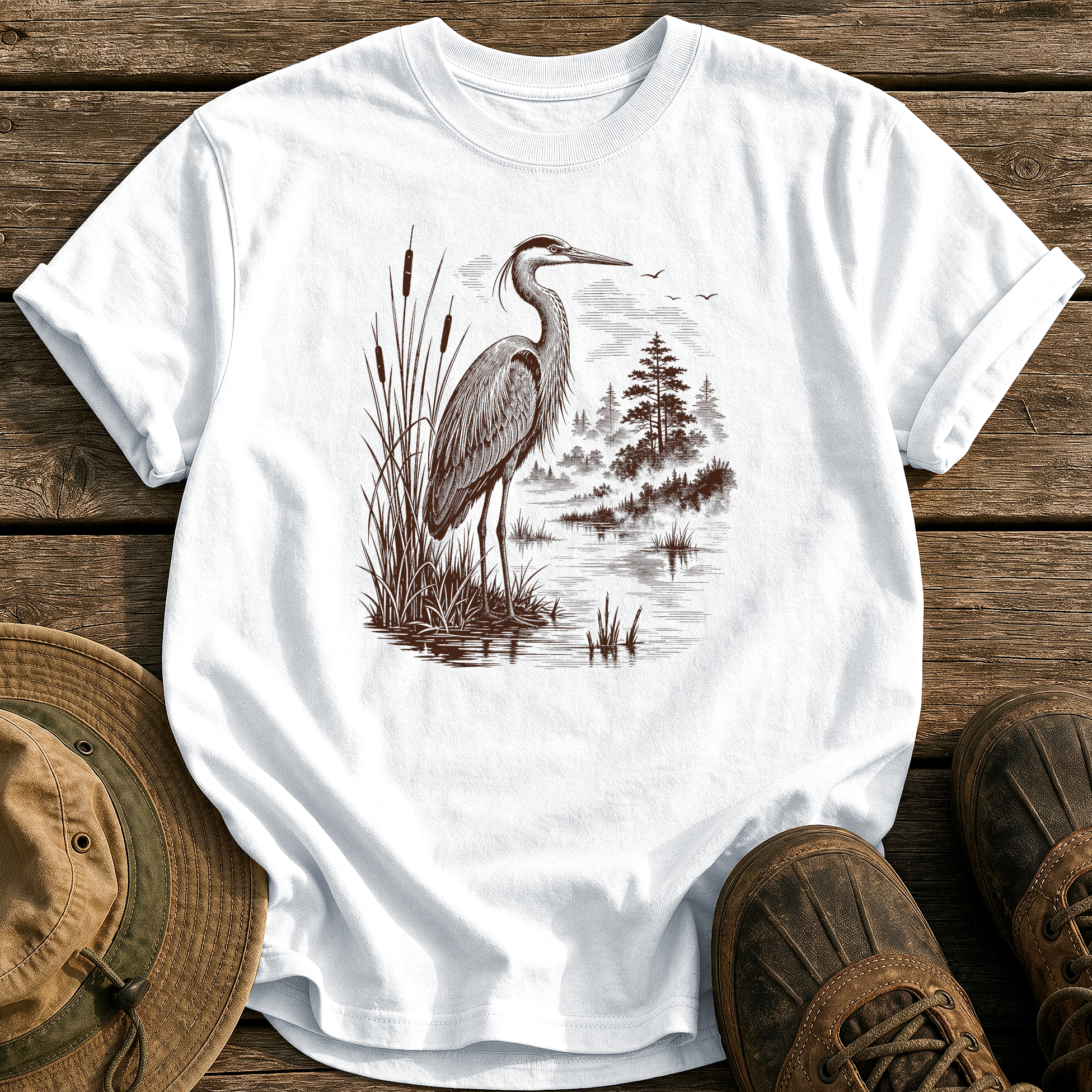 Heron at Dawn tee - White - front