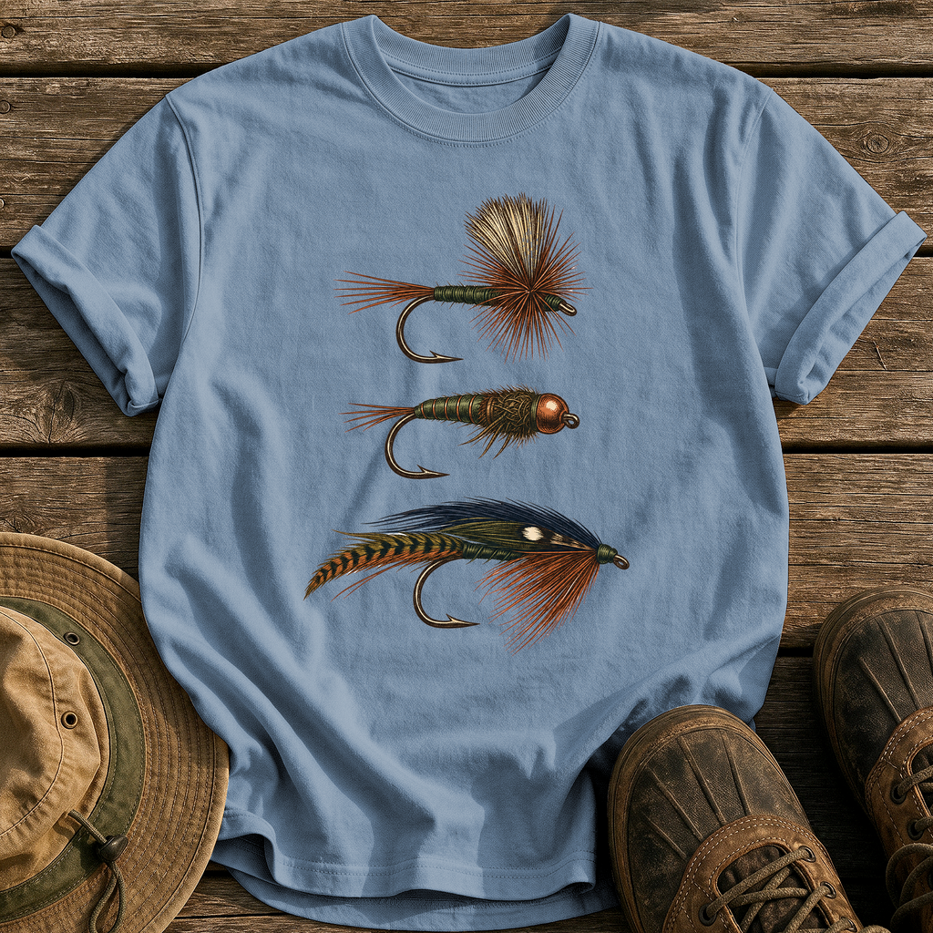 Hand-Tied Flies tee - Blue Jean - front