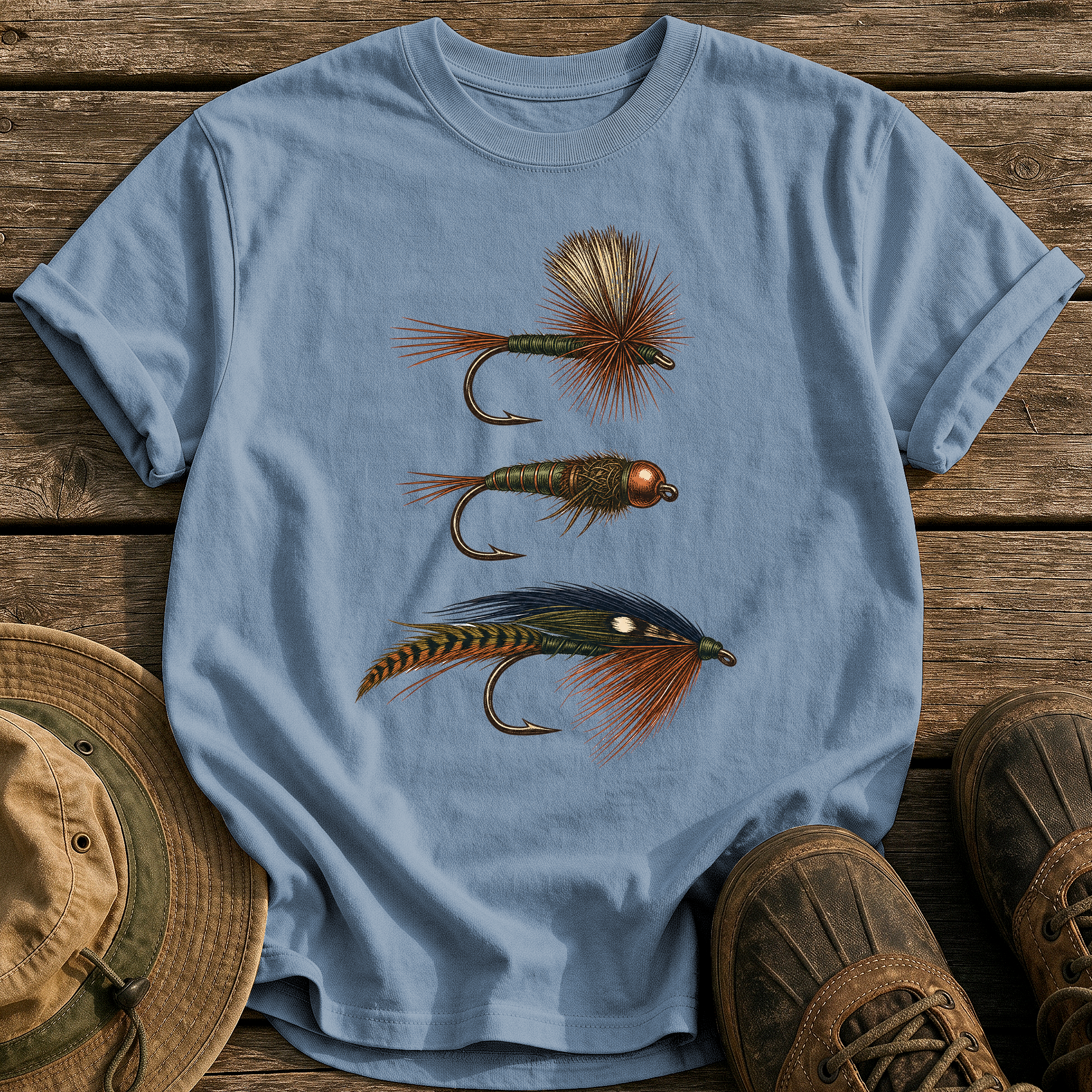 Hand-Tied Flies tee - Blue Jean - front