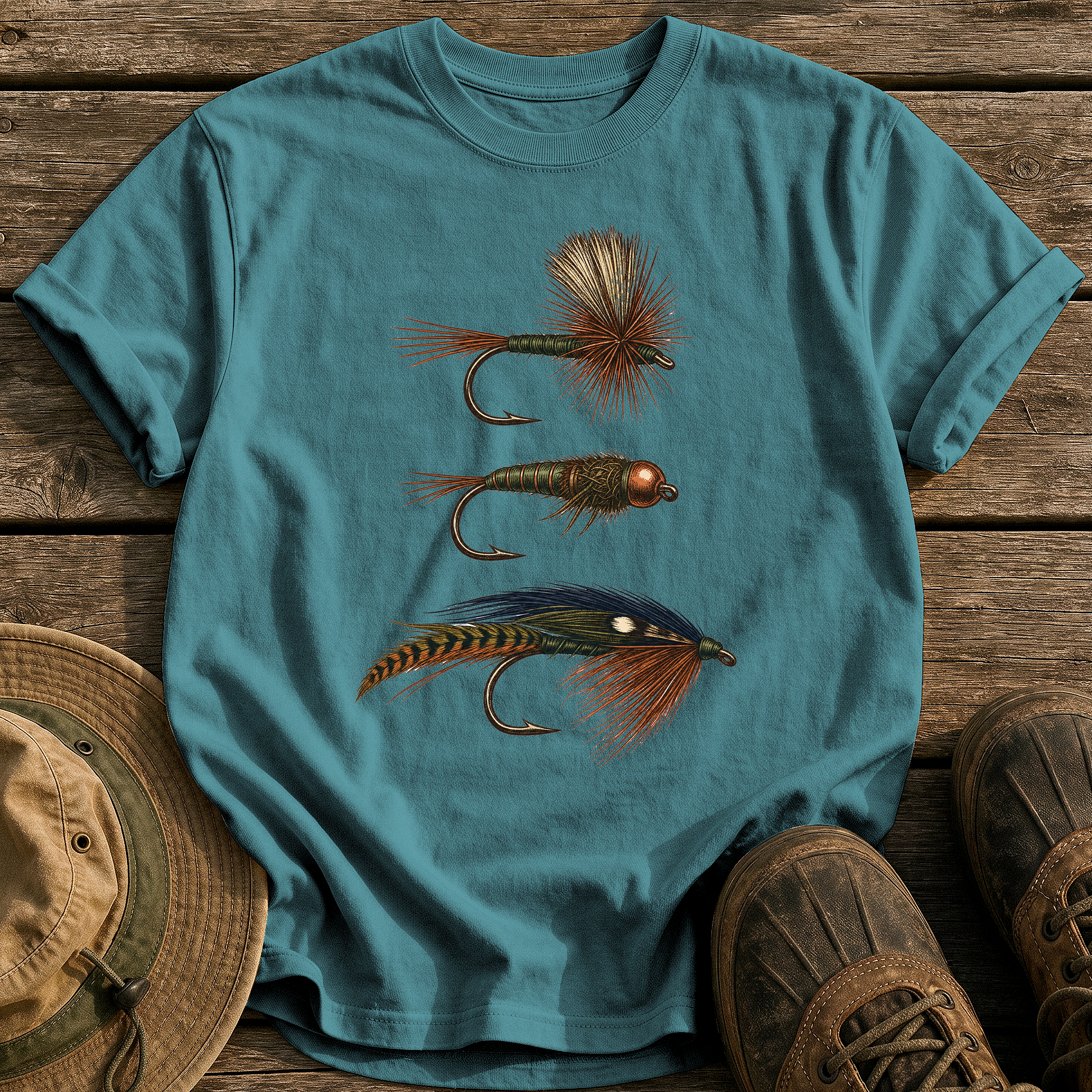 Hand-Tied Flies tee - Blue Spruce - front