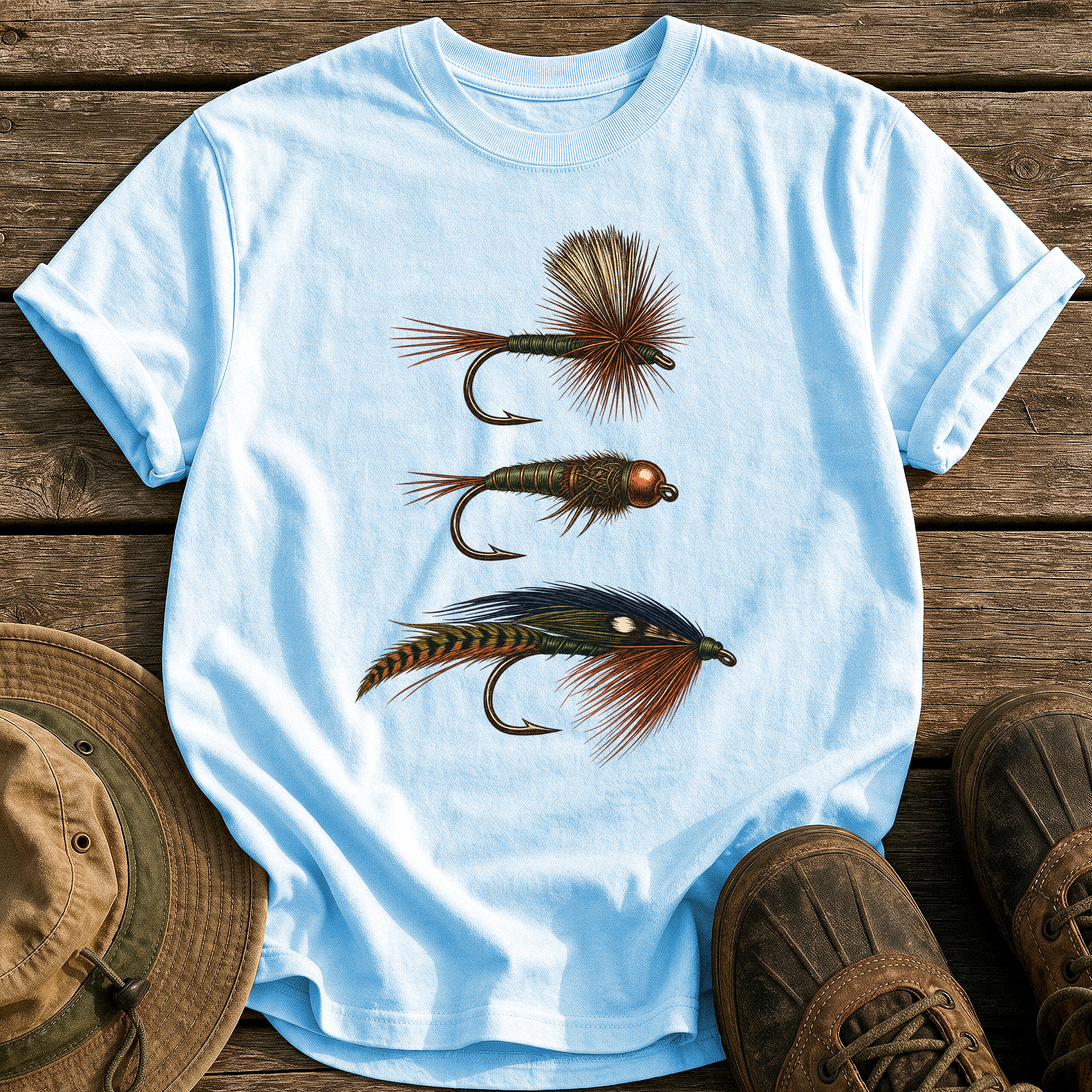 Hand-Tied Flies tee - Chambray - front