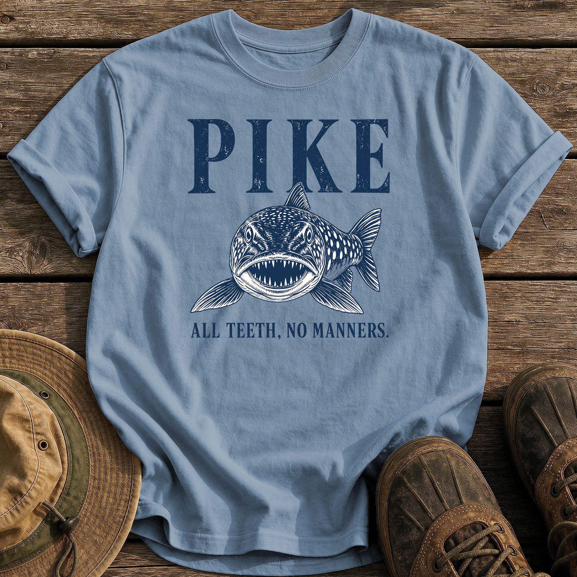 Pike: All Teeth, No Manners tee - Blue Jean - front