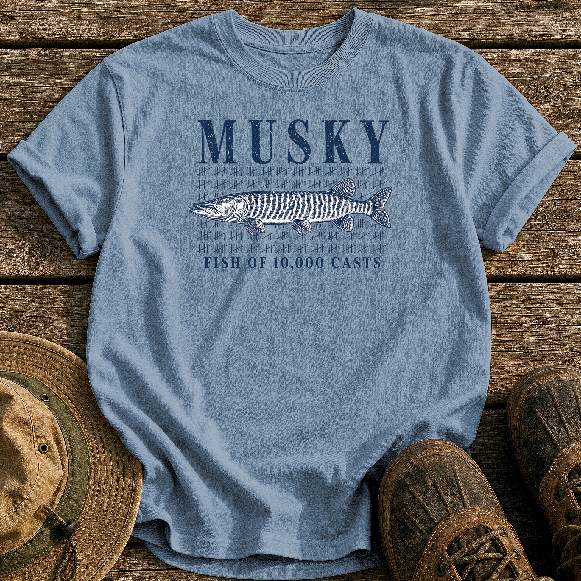 Musky: 10,000 Casts tee - Blue Jean - front