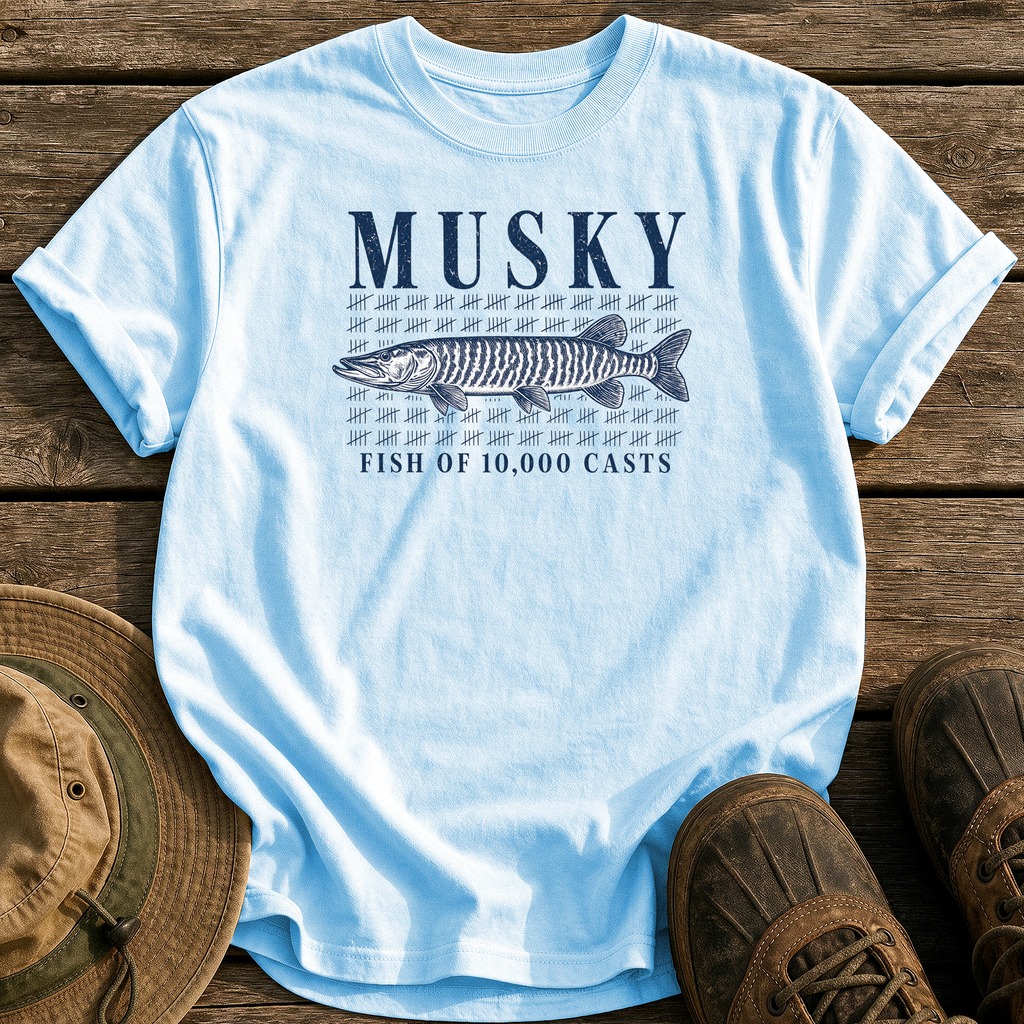Musky: 10,000 Casts tee - Chambray - front