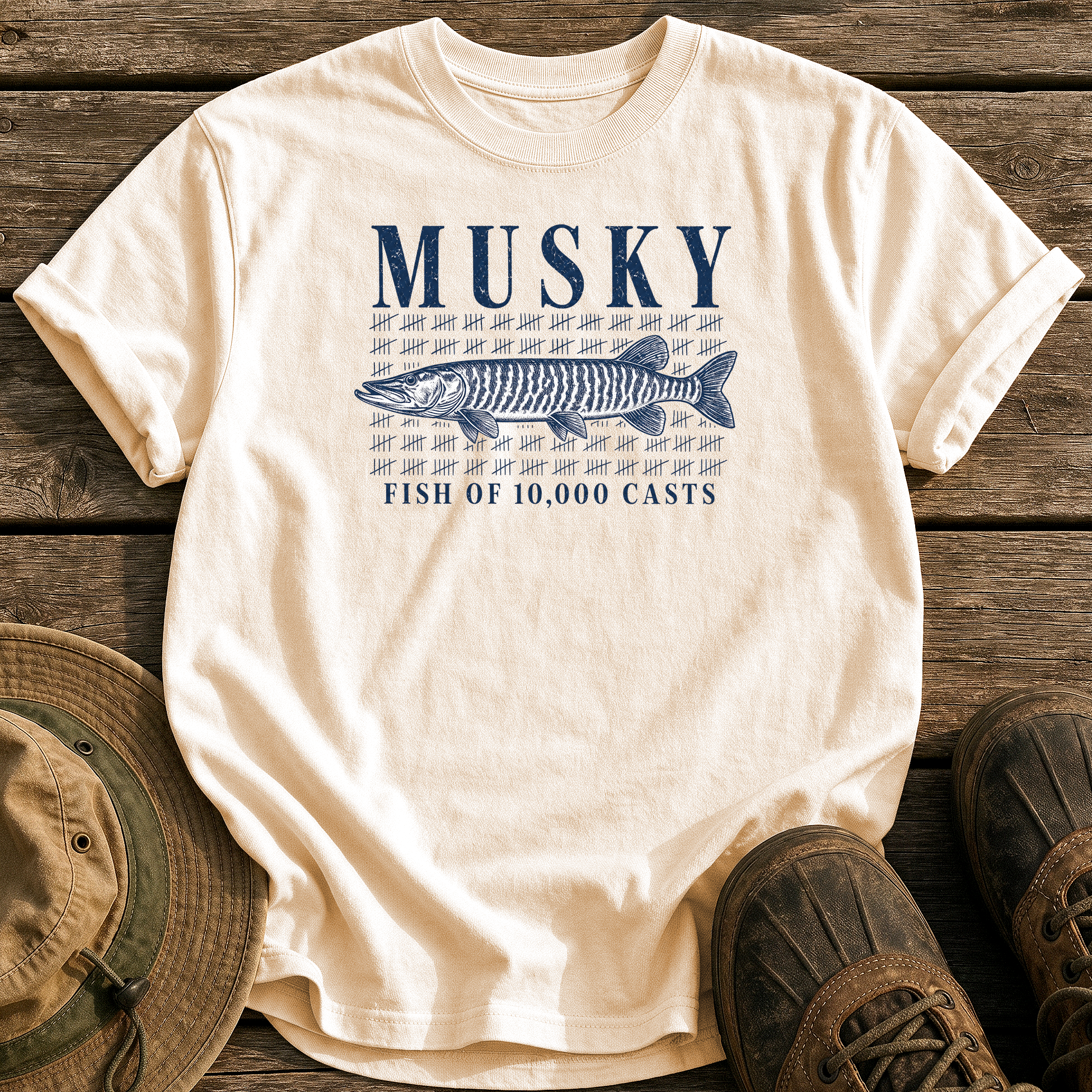Musky: 10,000 Casts tee - Ivory - front