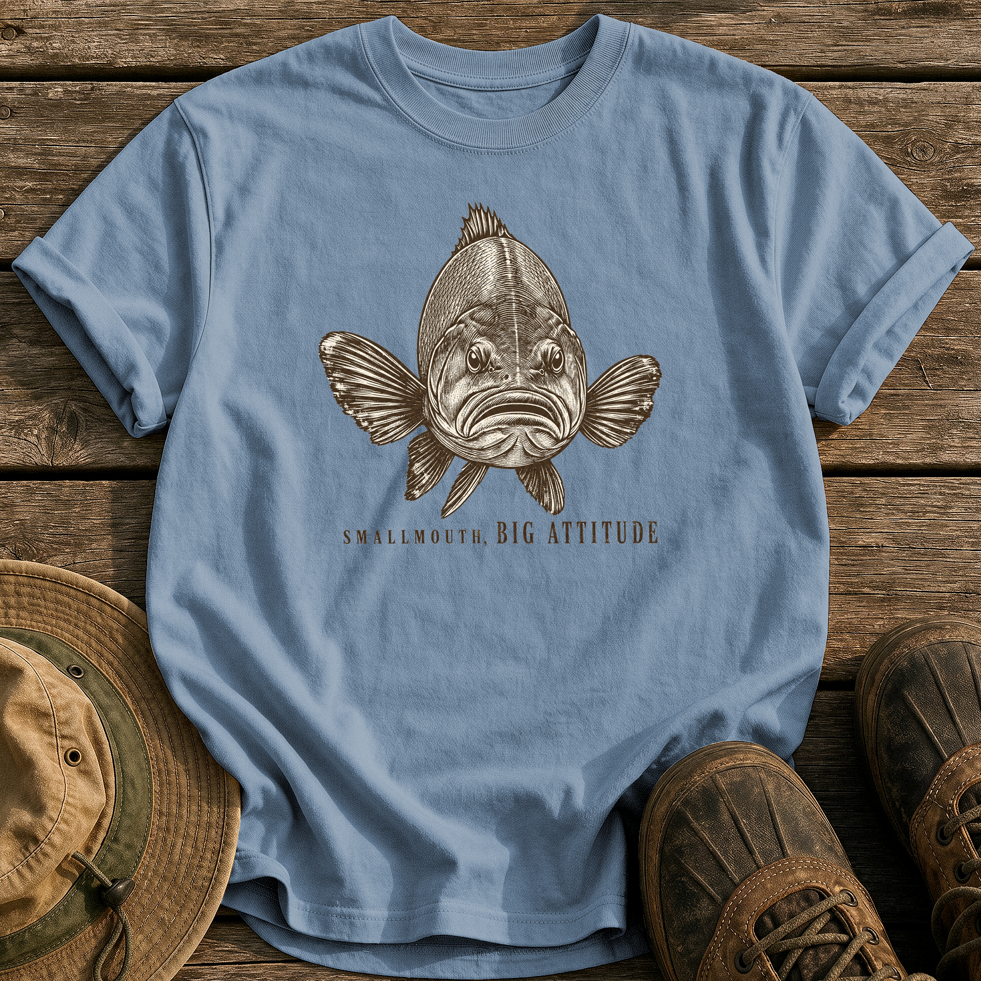 Smallmouth, Big Attitude tee - Blue Jean - front