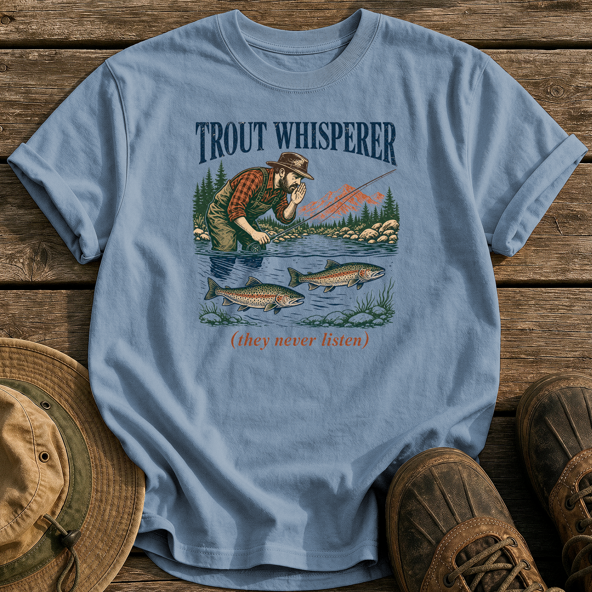 Trout Whisperer tee - Blue Jean - front