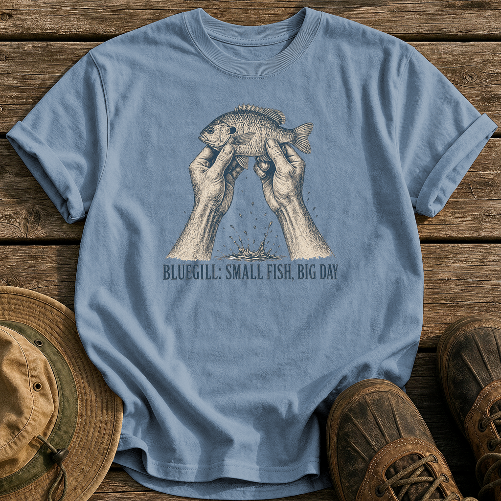 Bluegill: Small Fish, Big Day tee - Blue Jean - front