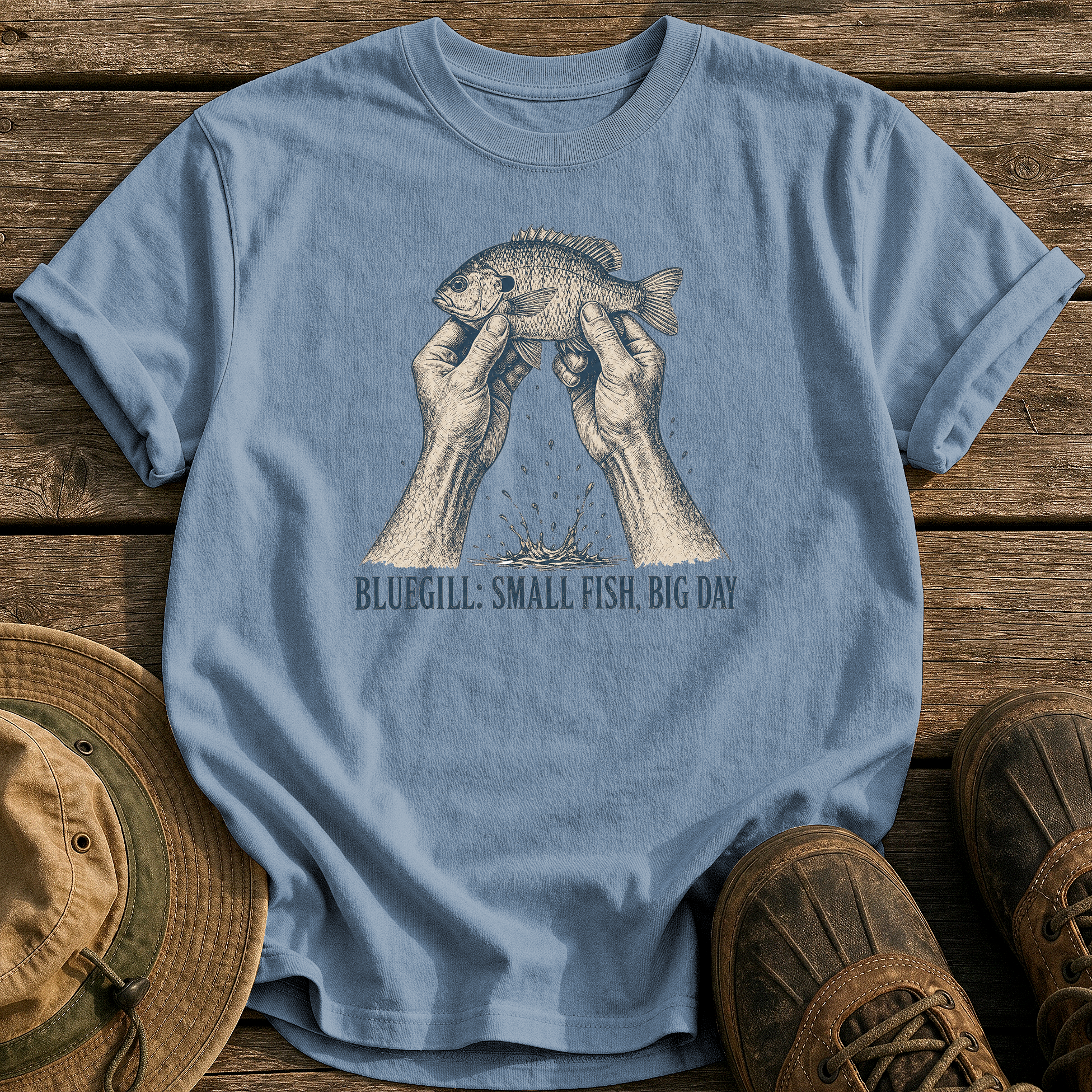 Bluegill: Small Fish, Big Day tee - Blue Jean - front