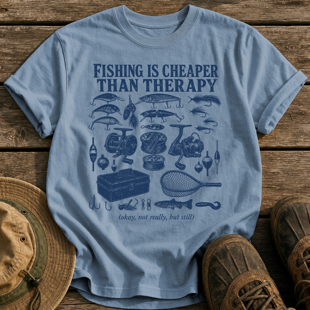 Fishing Is Cheaper Than Therapy tee - Blue Jean - front