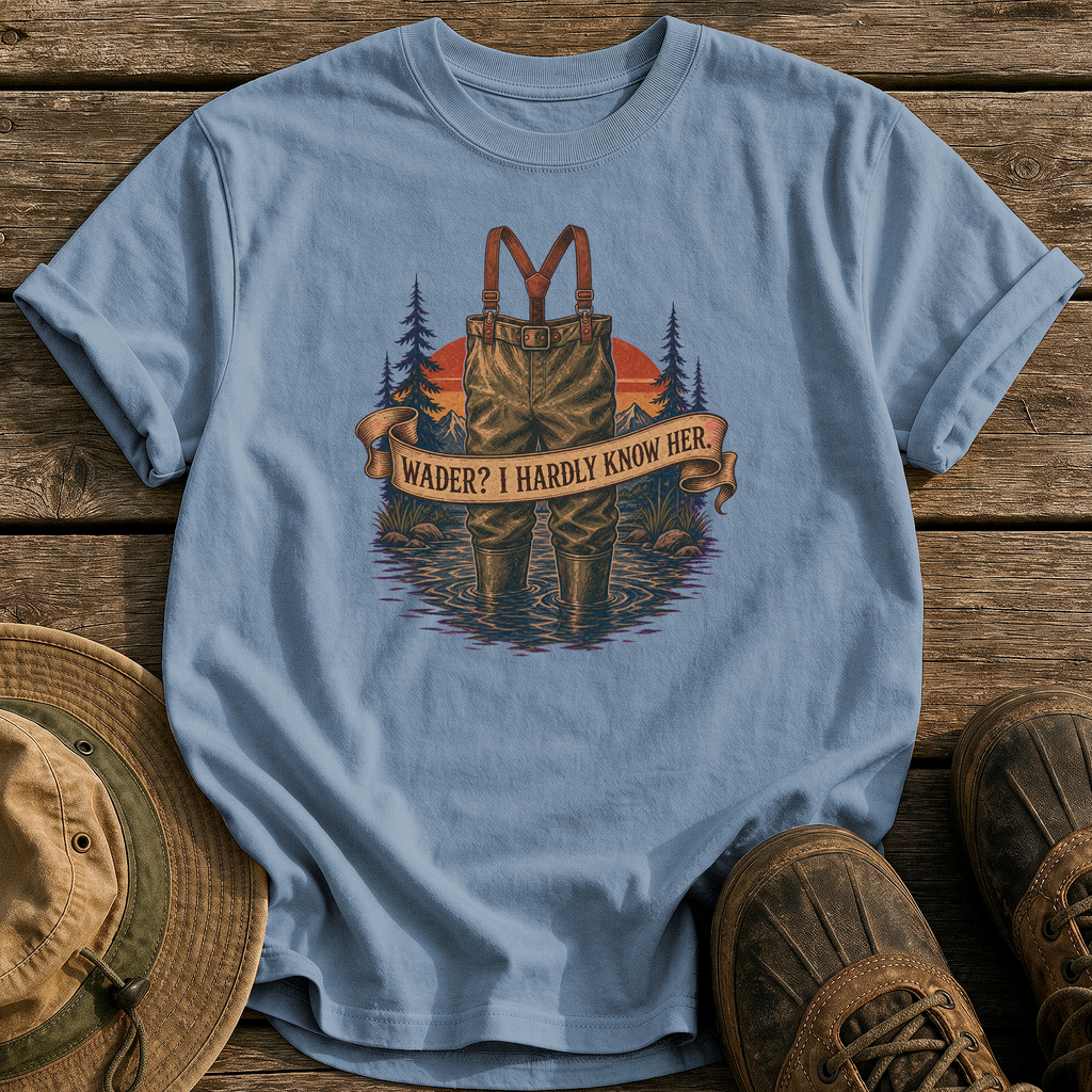 Wader? I Hardly Know Her tee - Blue Jean - front
