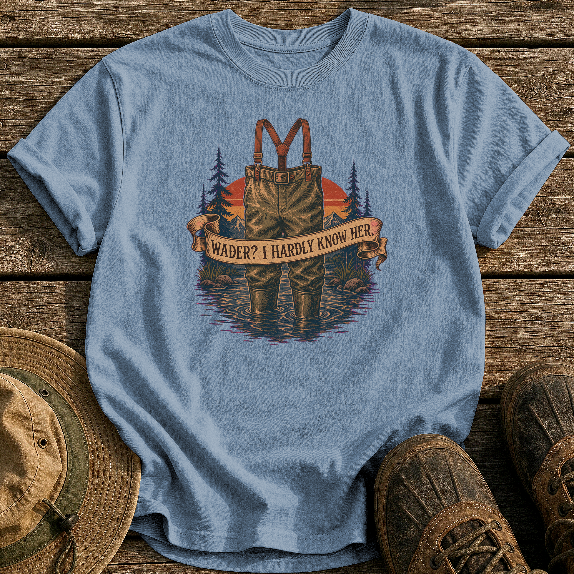 Wader? I Hardly Know Her tee - Blue Jean - front