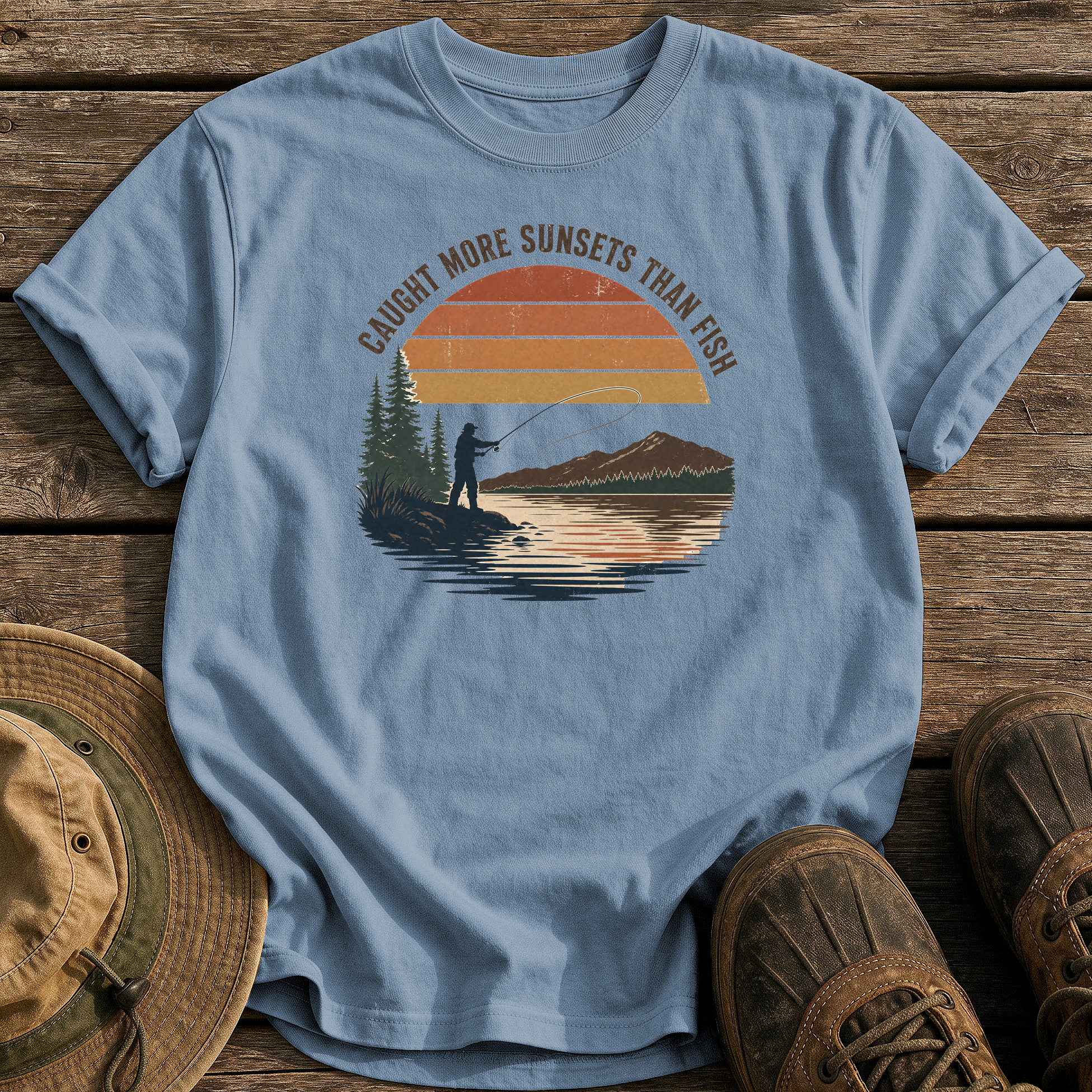 Caught More Sunsets Than Fish tee - Blue Jean - front