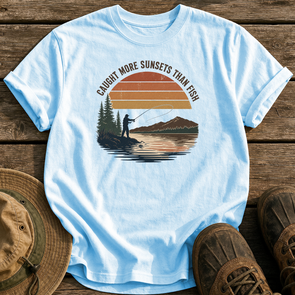 Caught More Sunsets Than Fish tee - Chambray - front