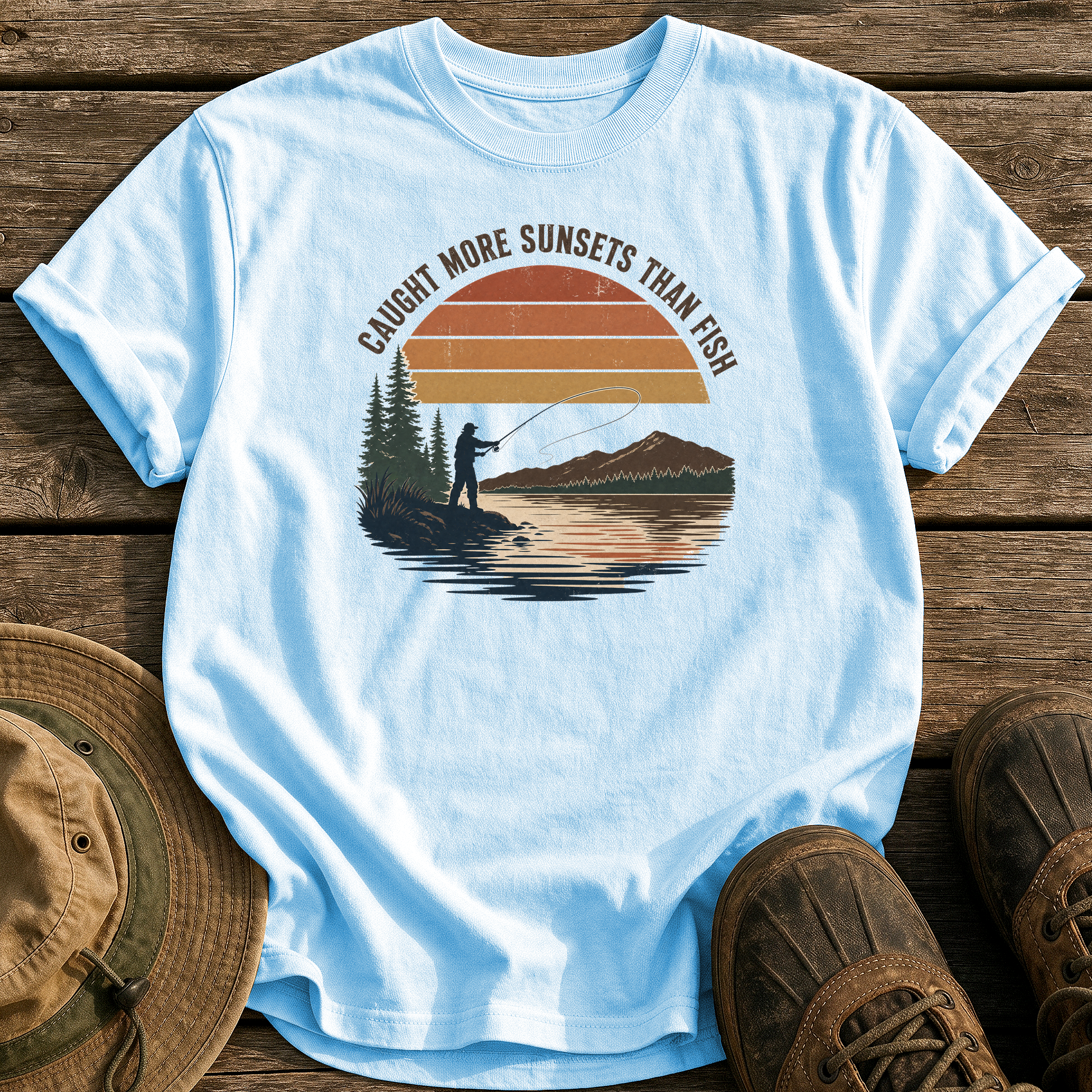 Caught More Sunsets Than Fish tee - Chambray - front