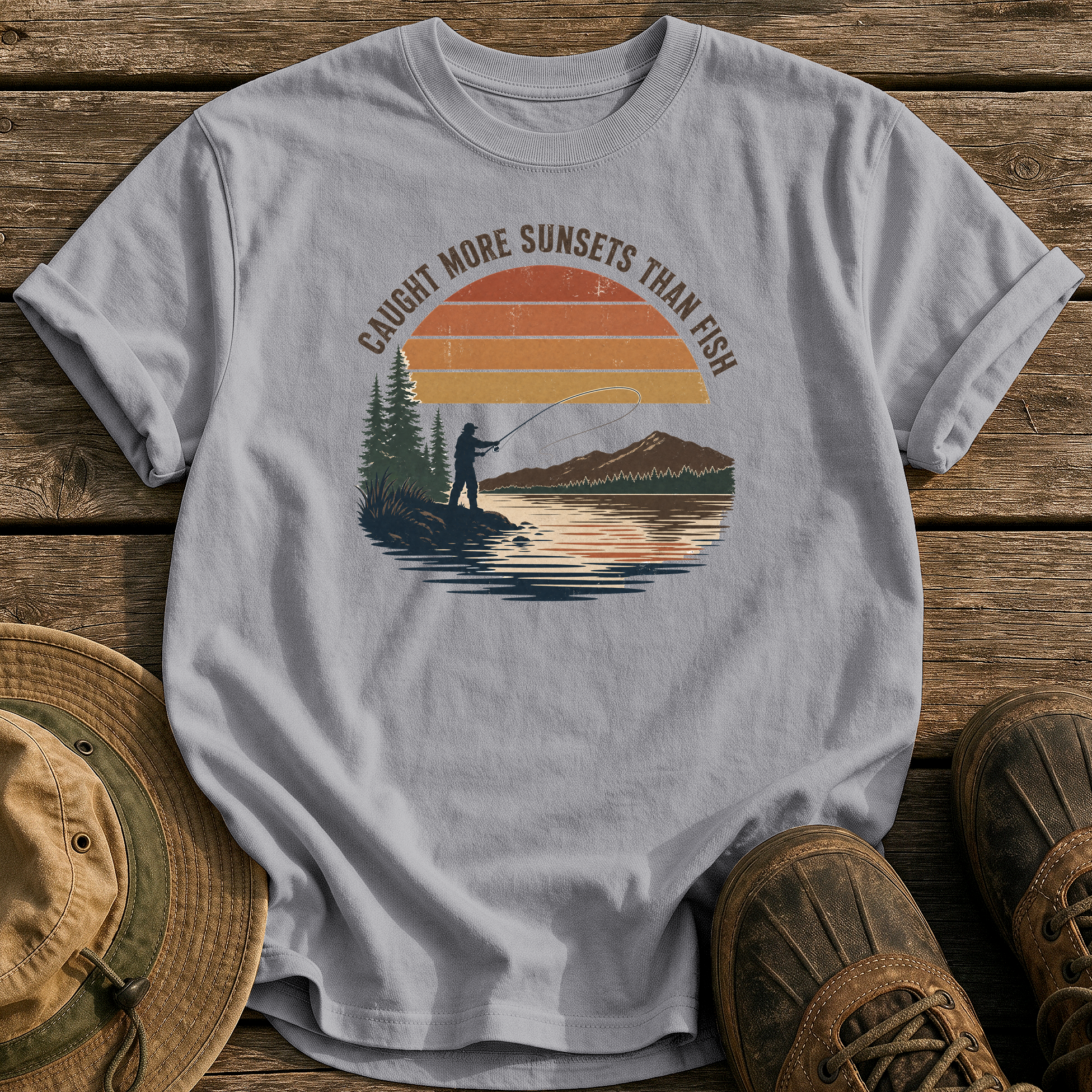 Caught More Sunsets Than Fish tee - Grey - front