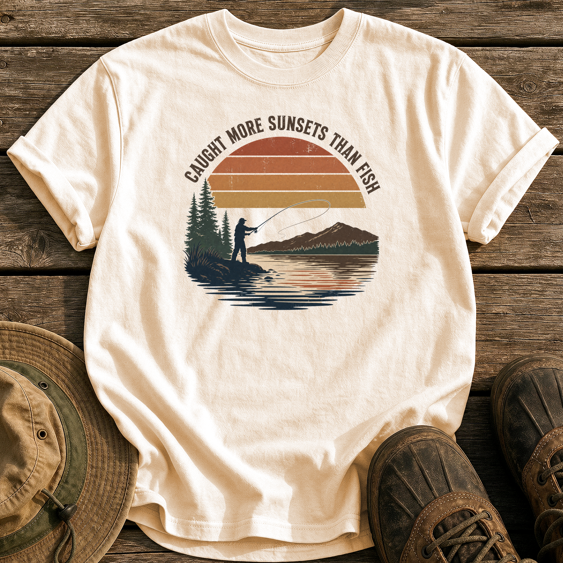 Caught More Sunsets Than Fish tee - Ivory - front