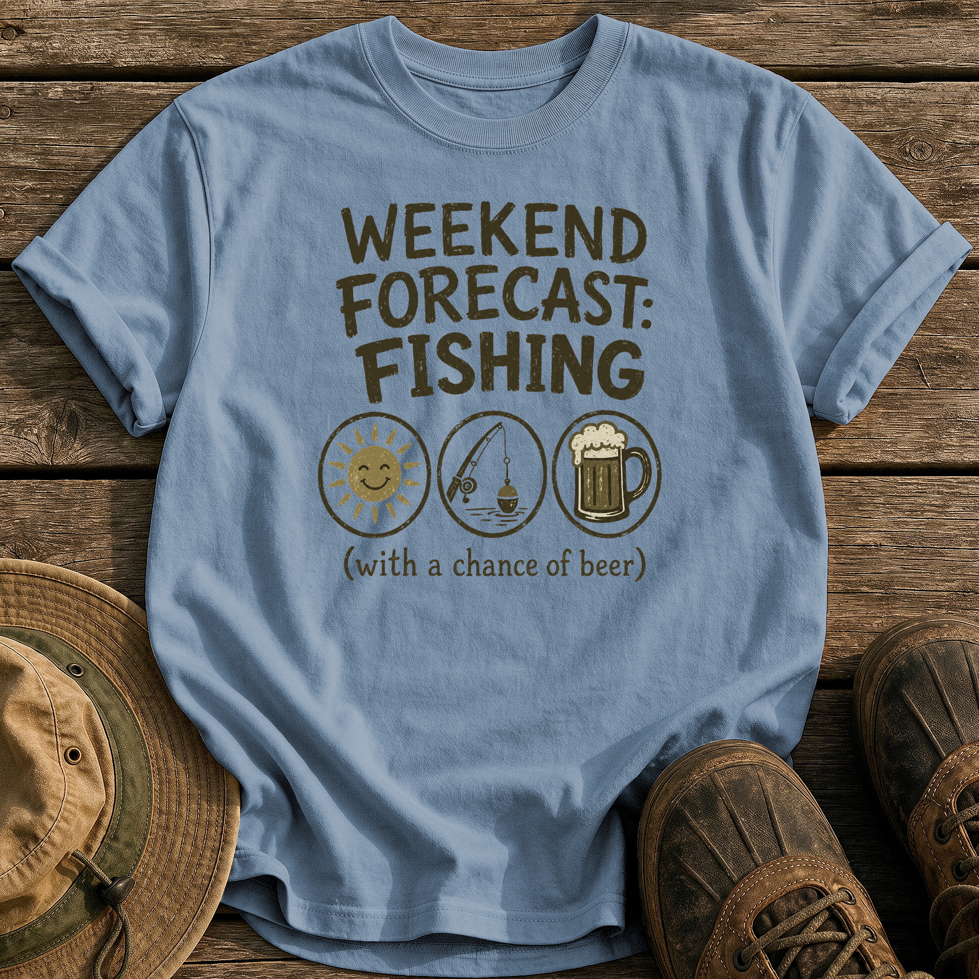 Weekend Forecast: Fishing & Beer tee - Blue Jean - front