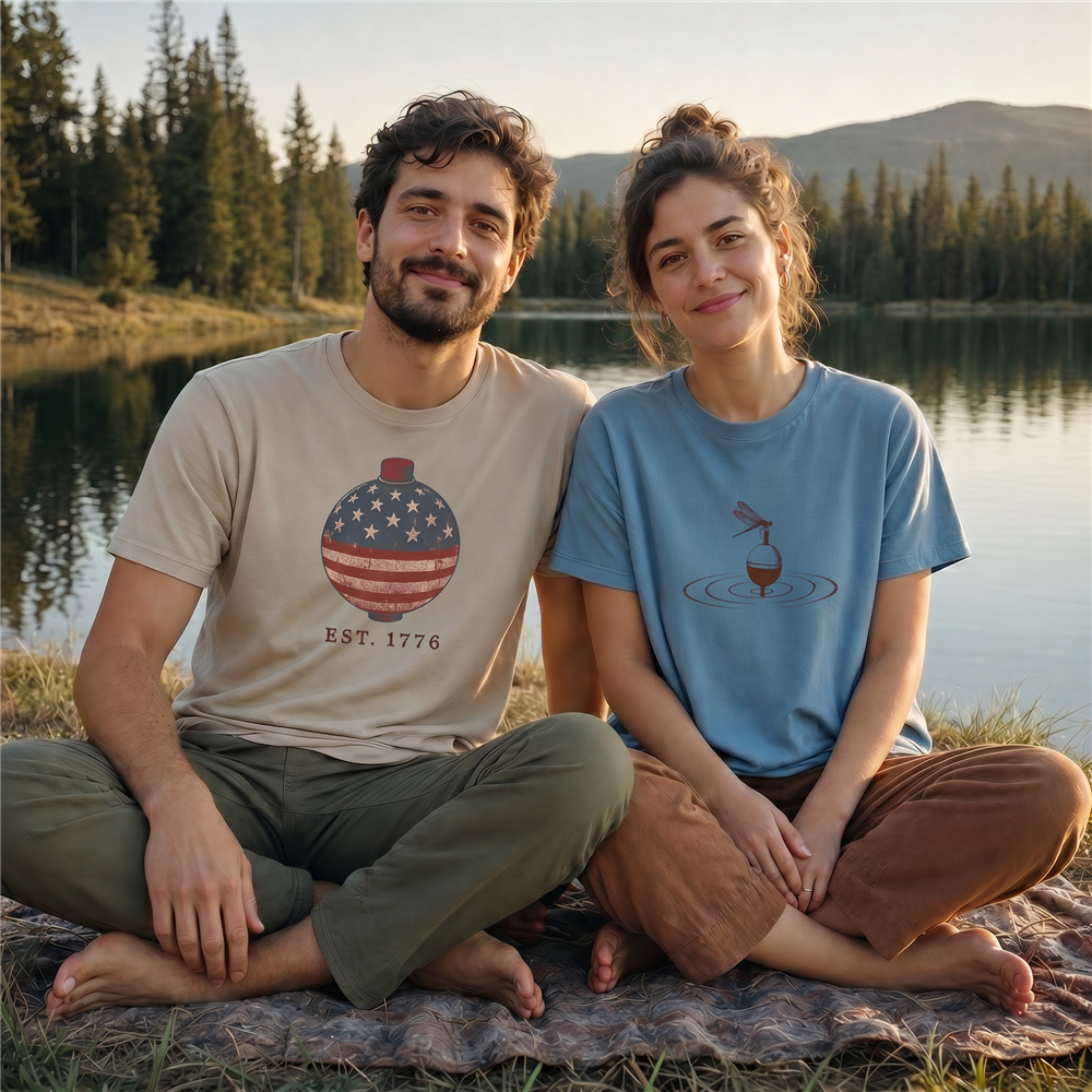 Couple by the lake at sunset wearing Reel Good Tees shirts